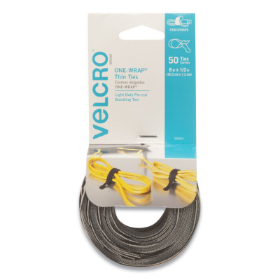 VELCRO® Brand ONE-WRAP Pre-Cut Thin Ties, 0.5 x 8, Black, 50