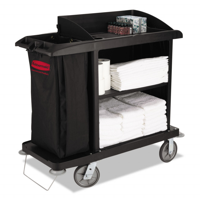 Rubbermaid® Commercial Multi-Shelf Cleaning Cart, Three-Shelf, 22w X 49d X  50h, Black