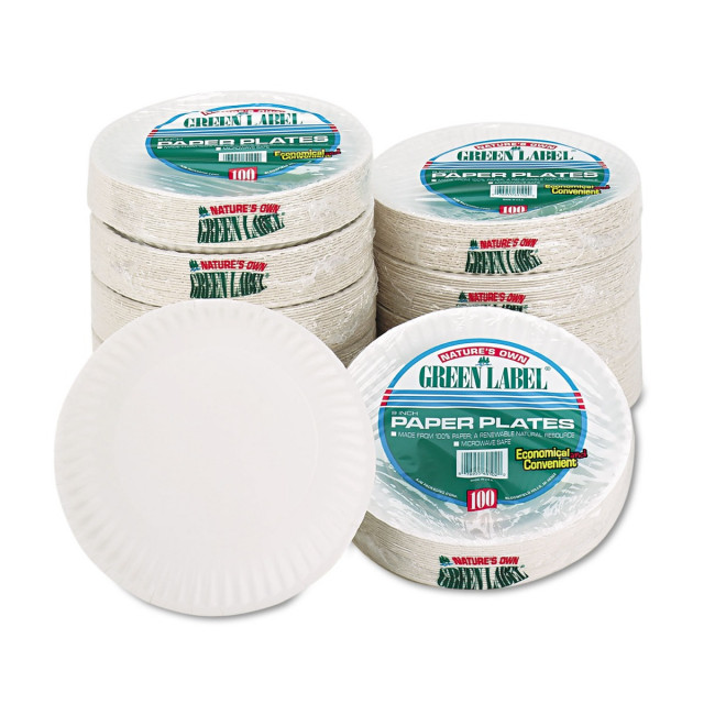 AJM Packaging White Uncoated Green Label Paper Plate 9 inch - 1000 per Case.