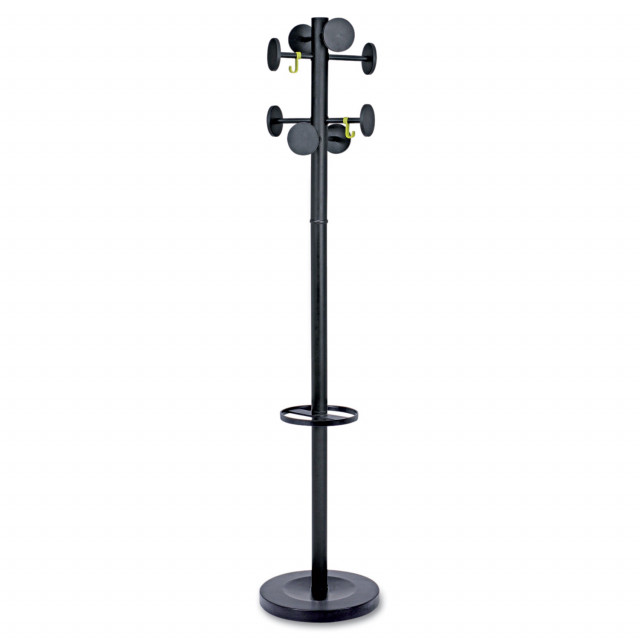 Stan3 Steel Coat Rack, Stand Alone Rack, Eight Knobs, 15w x 15d x 69.3h, Black Stan3 Steel Coat Rack, Stand Alone Rack, Eight Knobs, 15w x 15d x 69.3h, Black