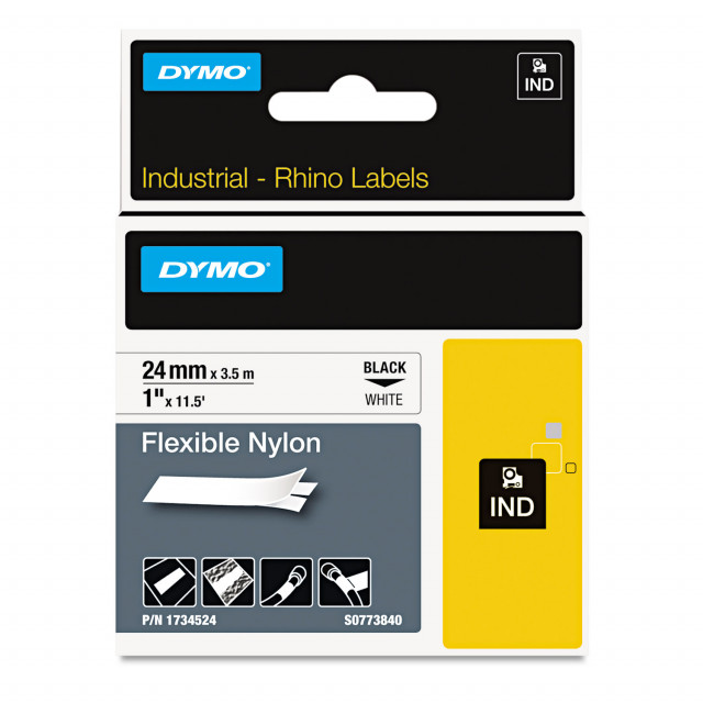 DYMO® Rhino Flexible Nylon Industrial Label Tape, 1 x 11.5 ft, White/Black  Print