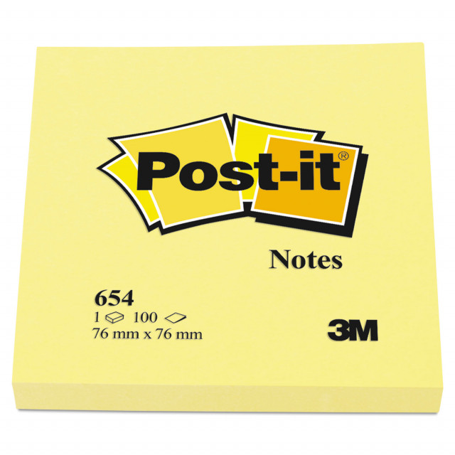 Post-it® Notes, Yellow, 76 x 76 mm, 1/Pack, 654-CT