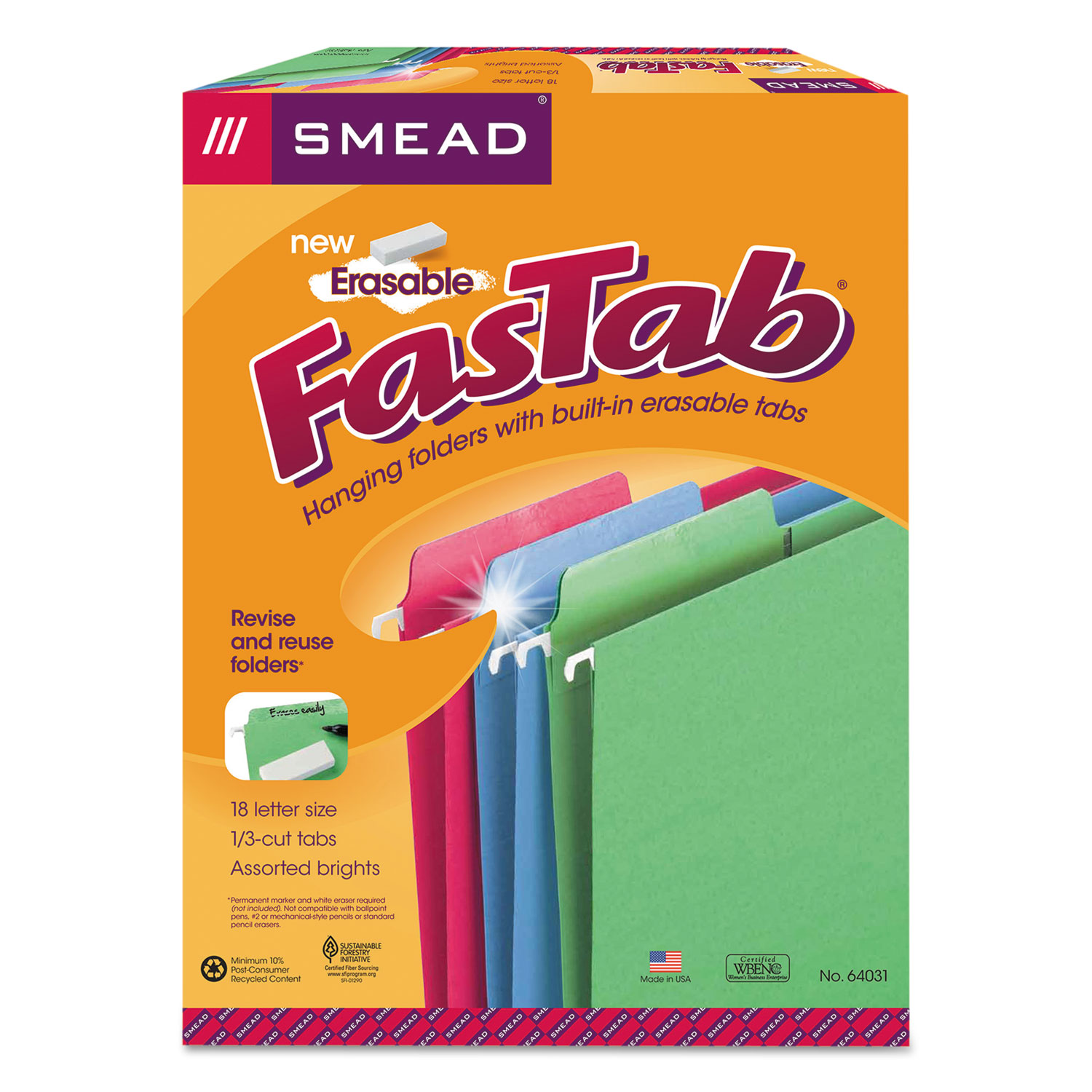 Smead® Erasable Folders, Letter Size, 1/3-Cut Tab, Assorted, 18