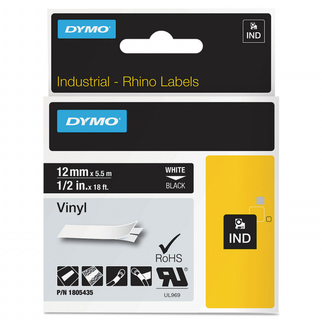 Rhino Permanent Vinyl Industrial Label Tape, 0.5 Rhino Permanent Vinyl Industrial Label Tape, 0.5
