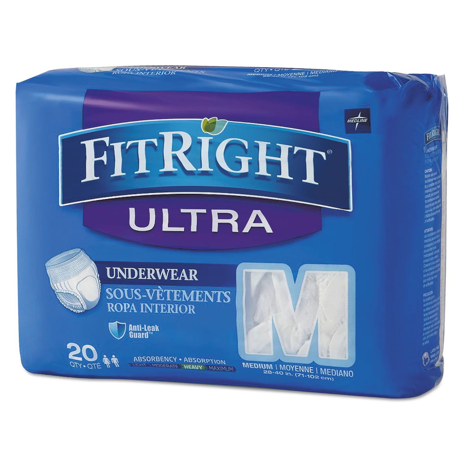 Medline FitRight Ultra Protective Underwear, Medium, 28 to 40 Waist, 20/ Pack