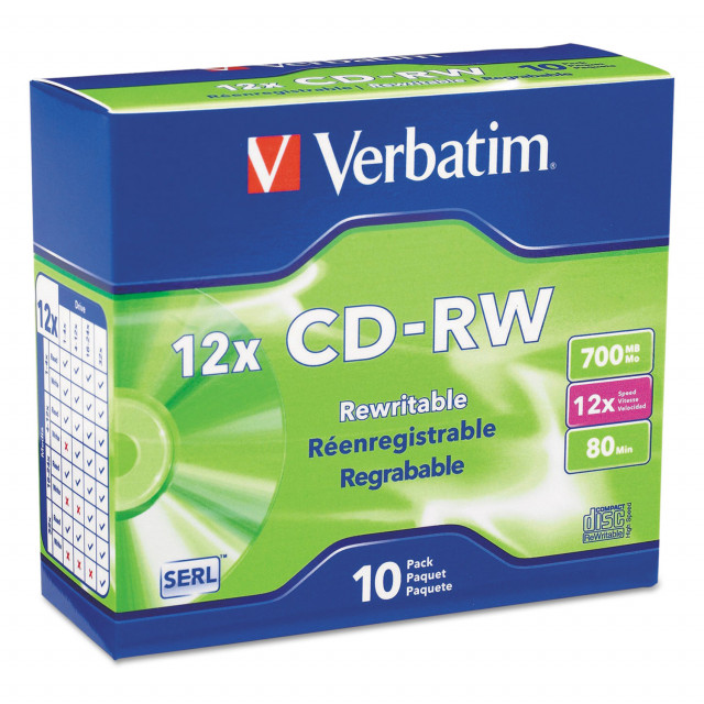 CD-RW High-Speed Rewritable Disc, 700 MB/80 min, 12x, Slim Jewel Case, Silver, 10/Pack CD-RW High-Speed Rewritable Disc, 700 MB/80 min, 12x, Slim Jewel Case, Silver, 10/Pack