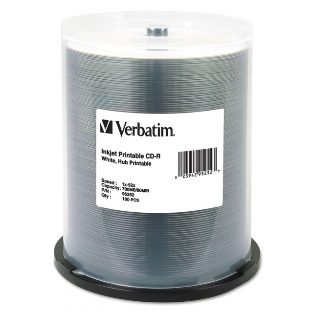 Verbatim® CD-R Printable Recordable Disc, 700 MB, 52x, Spindle, White,  100/Pack