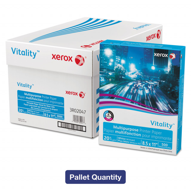 xerox™ Vitality Multipurpose Print Paper, 92 Bright, 20 lb, 8.5 x 11, White,  500 Sheets/Ream, 10 Reams/Carton, 40 Cartons/Pallet