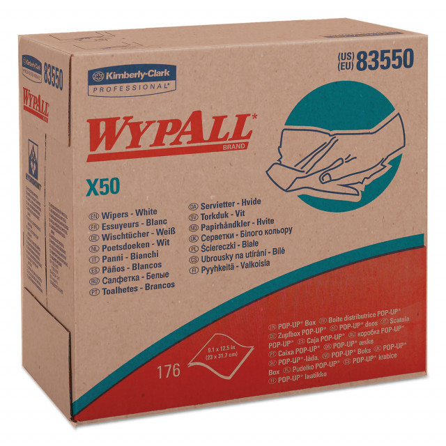 WypAll® X50 Cloths, POP-UP Box, 9 1/10 x 12 1/2, White, 176