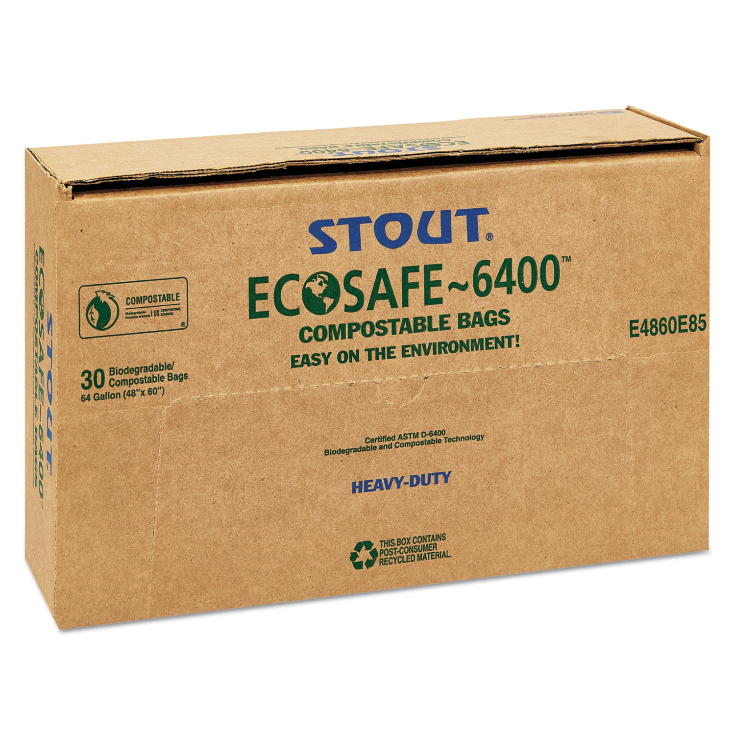 STOUT by Envision E3039E11 EcoSafe-6400 Compostable Bags, 30 x 39, 30 gal  capacity, 1.10 mil thickness, Green (Pack of 48)
