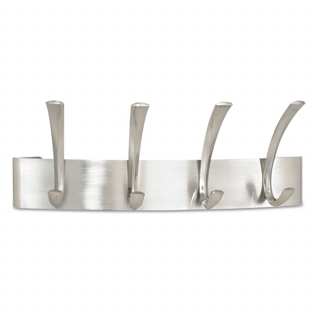 Metal Coat Rack, Wall Rack, Four Hooks, Steel, 14.25w x 4.5d x 5.25h, Brushed Nickel Metal Coat Rack, Wall Rack, Four Hooks, Steel, 14.25w x 4.5d x 5.25h, Brushed Nickel
