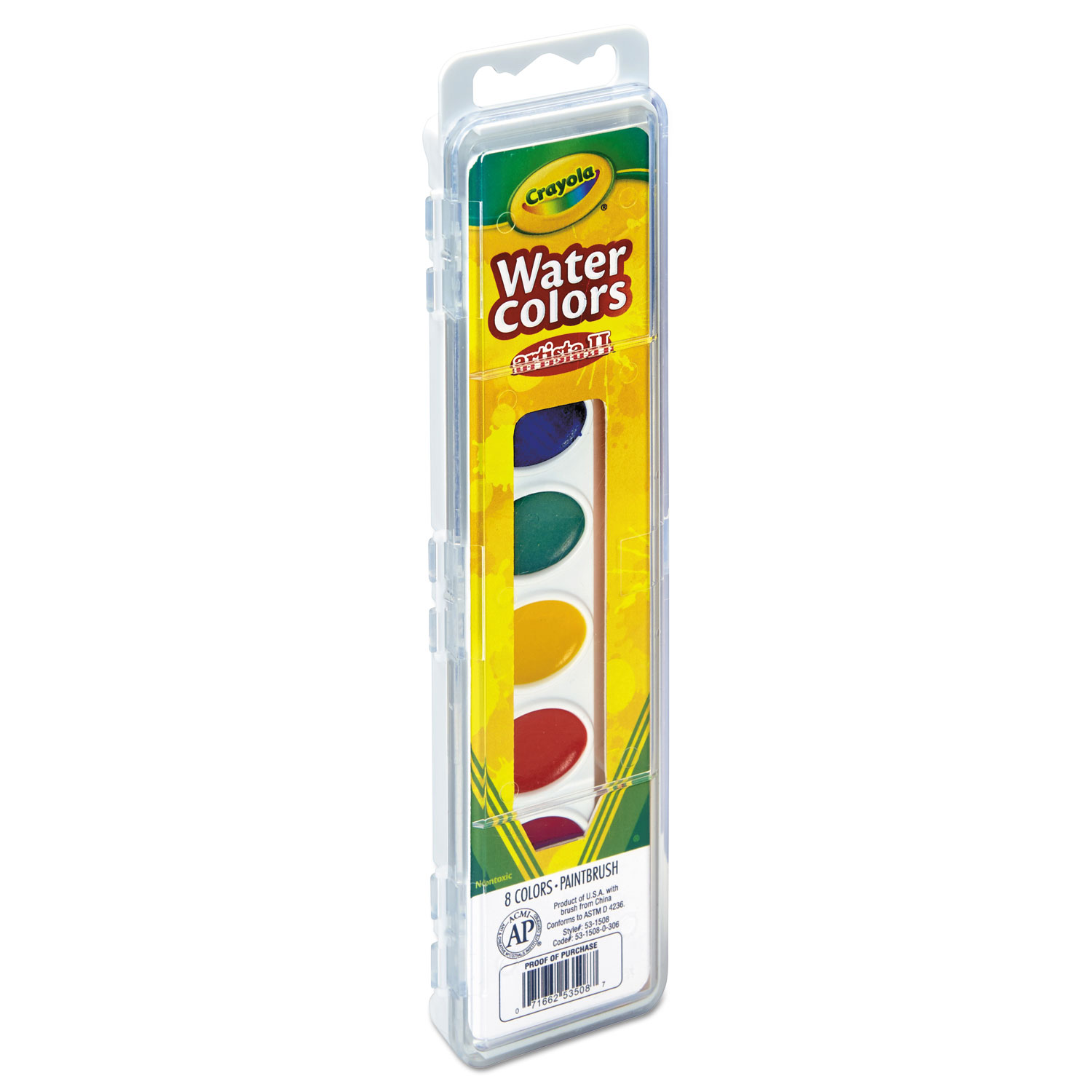 Watercolors washable, tray w/ brush 8 ct Prang, Pala Supply Company