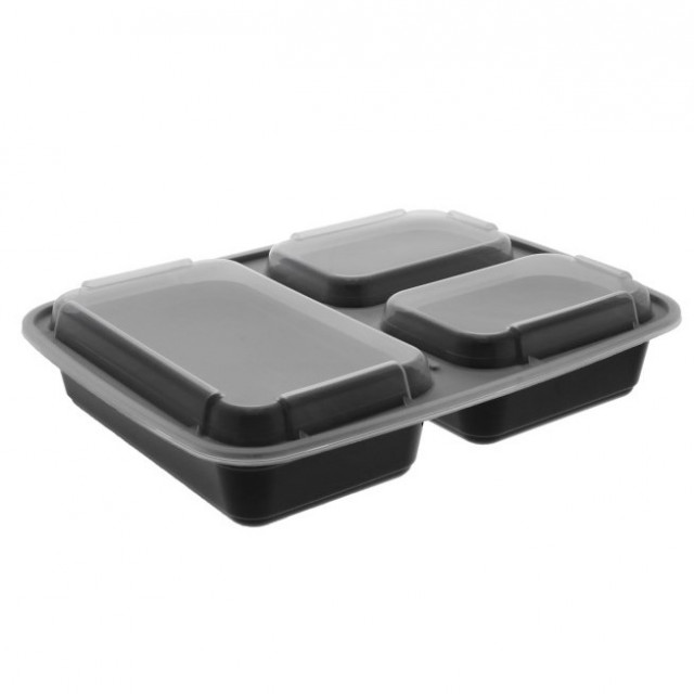 Versatainer 3 Compartment Microwavable Meal Prep Container Base/Lid Combo, 32  oz., 150/Case