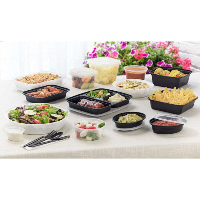 Choice 30 oz. Black 8 3/4 x 6 x 2 3/4 2-Compartment Rectangular  Microwavable Heavy Weight Container with Lid - 25/Pack