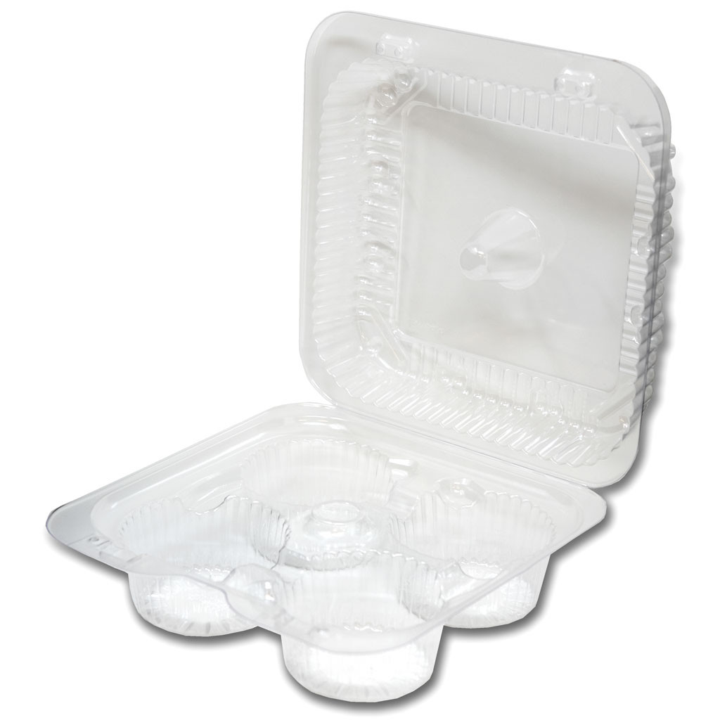 Detroit Forming Hinged Clear OPS Cupcake/Muffin Container, LBH-6404, 4 Count,  9” x 6” x 2”, 250/Case
