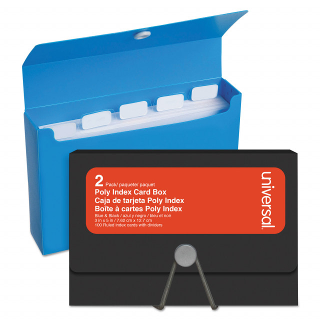Universal® Poly Index Card Box, Holds 100 3 x 5 Cards, 3 x 1.33 x 5,  Plastic, Black/Blue, 2/Pack