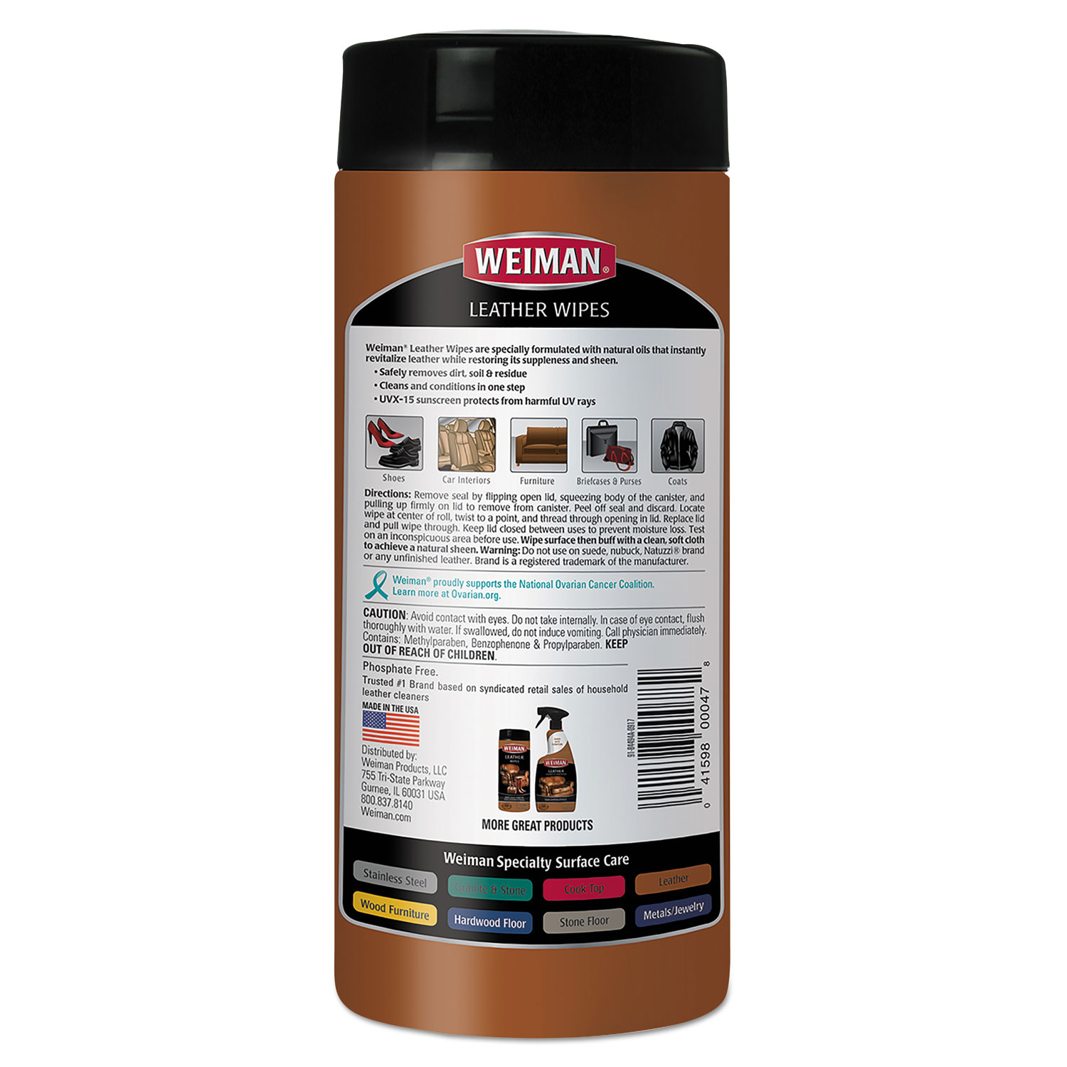 Weiman Leather Wipes, 7 x 8, 30/Canister, 4 Canisters/Carton