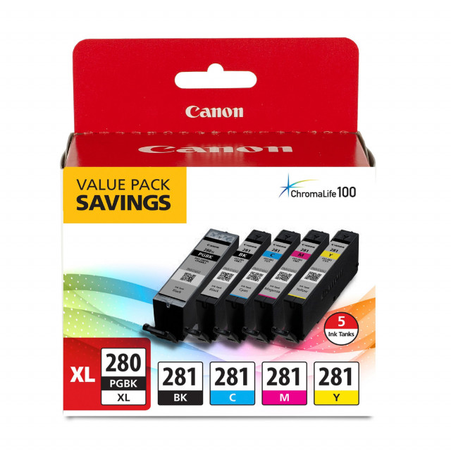 2021C007 (CLI-281; PGI-280 XL) ChromaLife100+ Ink, Black XL/Black/Cyan/Magenta/Yellow, 5/Pack