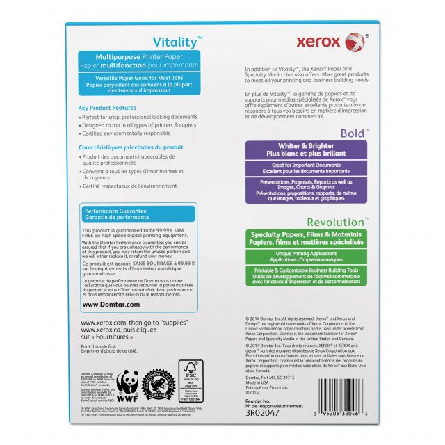 xerox™ Vitality Multipurpose Print Paper, 92 Bright, 20 lb, 8.5 x 11,  White, 500 Sheets/Ream, 10 Reams/Carton, 40 Cartons/Pallet