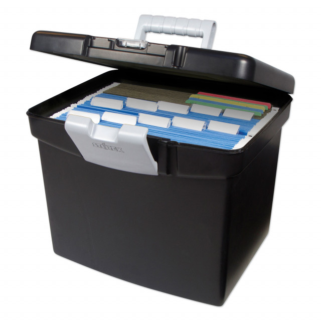 Storex Portable File Storage Box with Translucent Organizer Storage Lid-  Plastic Office File Storage Box for Letter Paper and Hanging Folders,  Black