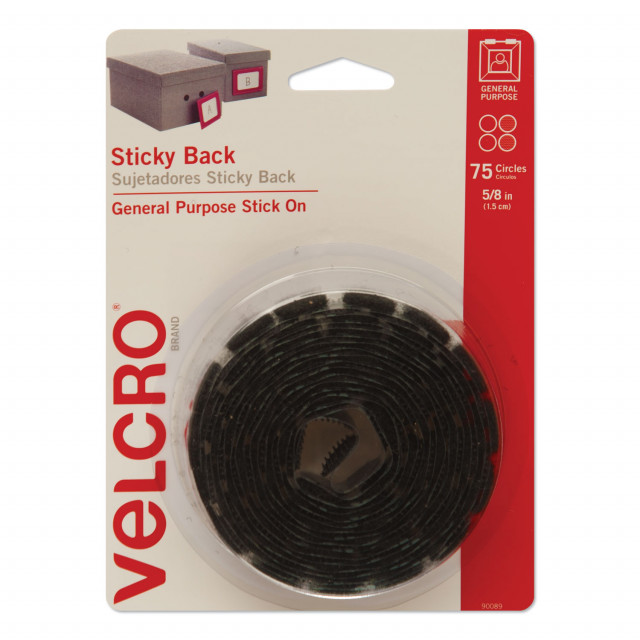 VELCRO® Brand Sticky-Back Fasteners, Removable Adhesive, 0.63 dia, Black,  75/Pack