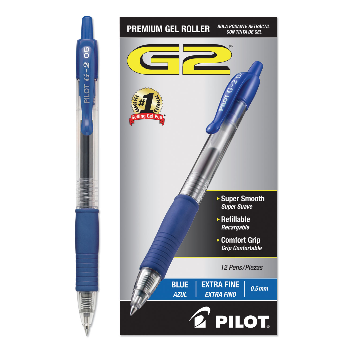 Pilot® G2 Premium Gel Pen, Retractable, Extra-Fine 0.5 mm, Blue Ink, Smoke  Barrel, Dozen Quipply