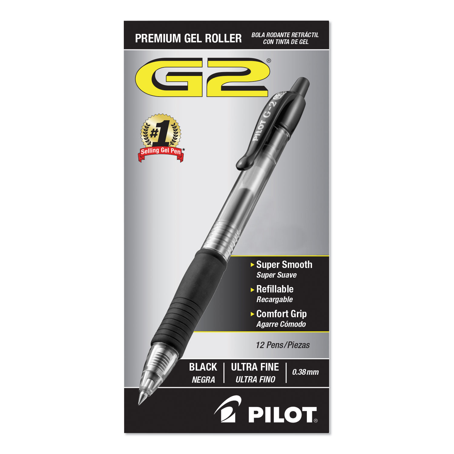 Pilot® G2 Premium Gel Pen Convenience Pack, Retractable, Extra-Fine 0.38  mm, Black Ink, Clear/Black Barrel, Dozen