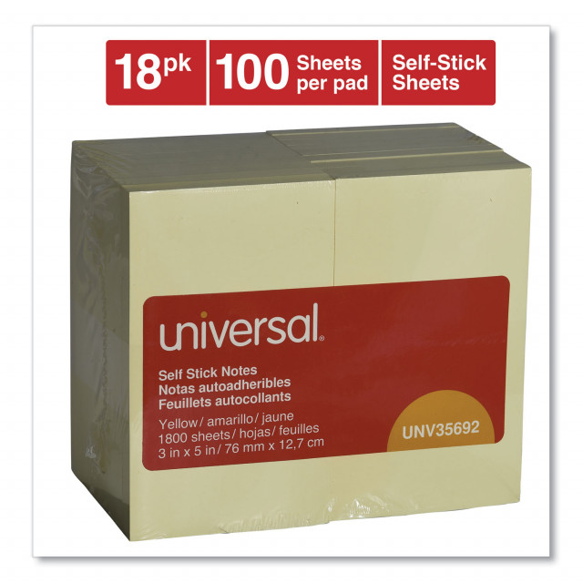Universal Self-Stick Note Pads, 3 x 5, Yellow, 100-Sheet, 18/Pack