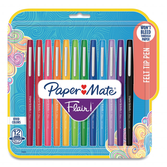 Paper Mate Point Guard Flair Felt Tip Porous Point Pen, Stick, Medium 0.7 mm, Assorted Ink and Barrel Colors, 12/Pack