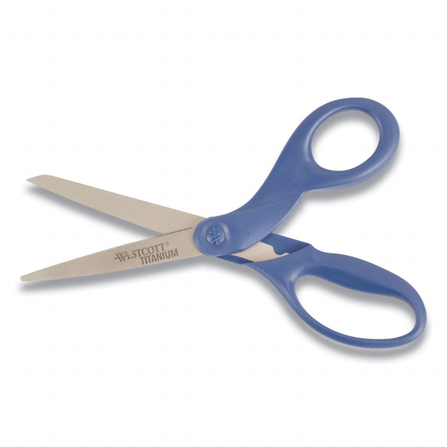 Westcott Titanium Bonded Scissors, 8 Long, 3.5 Cut Length, Navy Straight Handle