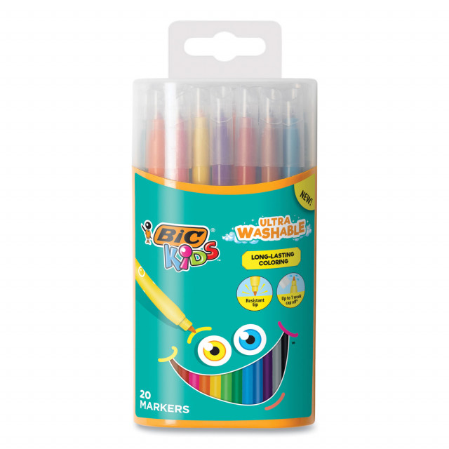 BIC Kids Ultra Washable Markers, Medium Bullet Tip, Assorted Colors, 20/Pack