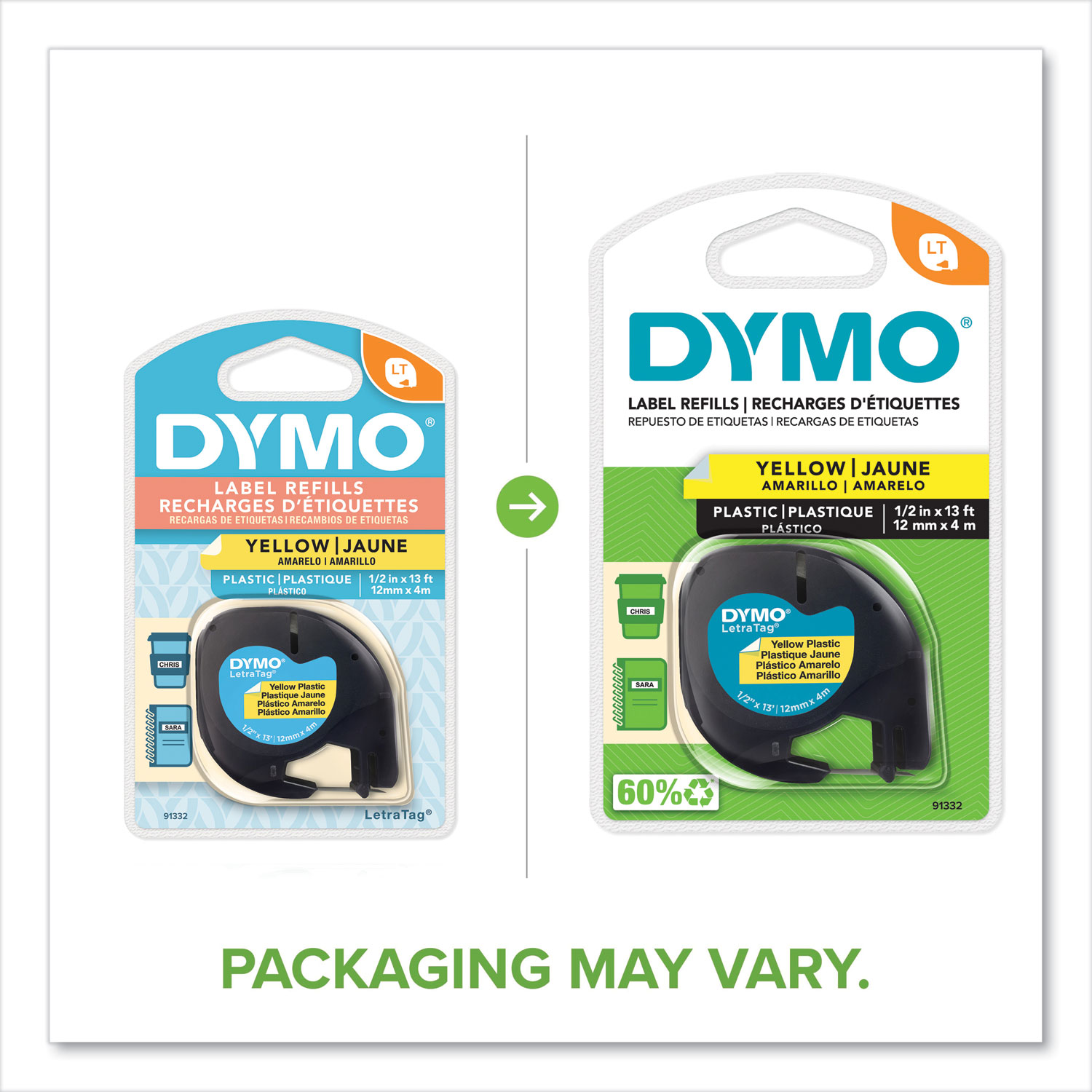 Dymo LetraTag Plastic Label Tape Cassette, 0.5 x 13 ft, Yellow 91332