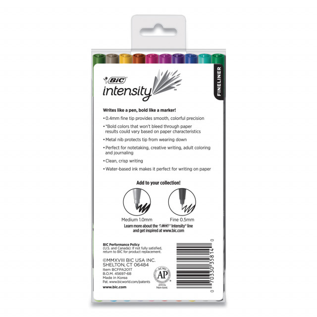 BIC Intensity Porous Point Pen - Fine Pen Point - 0.4 mm Pen Point Size -  Assorted Water Based Ink - Metal Tip - 10 Pack