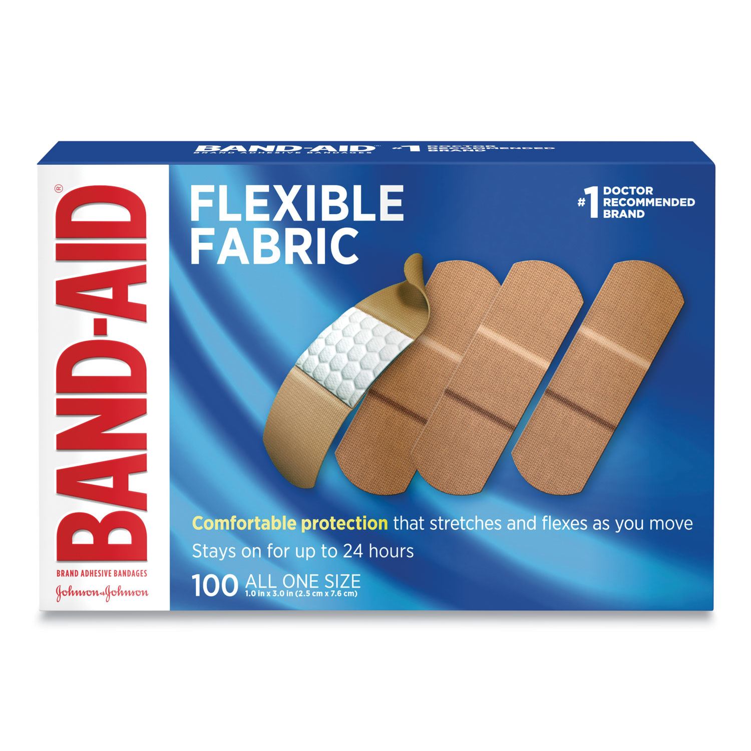 BAND-AID® Flexible Fabric Adhesive Bandages, 1 x 3, 100/Box