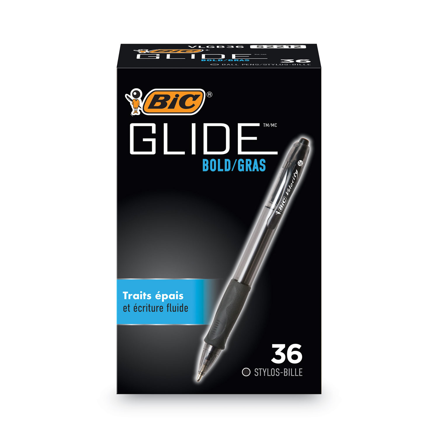  BICVLGB361BLK  BIC - Glide Bold Stylos-billes rétractables -  noirs - Paquet de 36