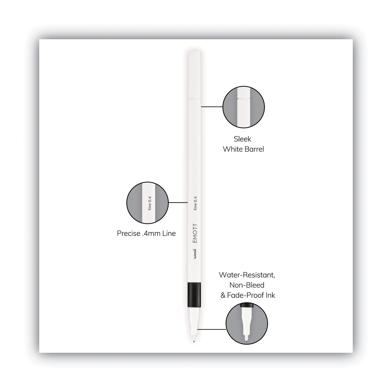 Uni-Ball emott Porous Point Pen, Stick, Fine 0.4 mm, Assorted Ink Colors, White Barrel, 10/Pack