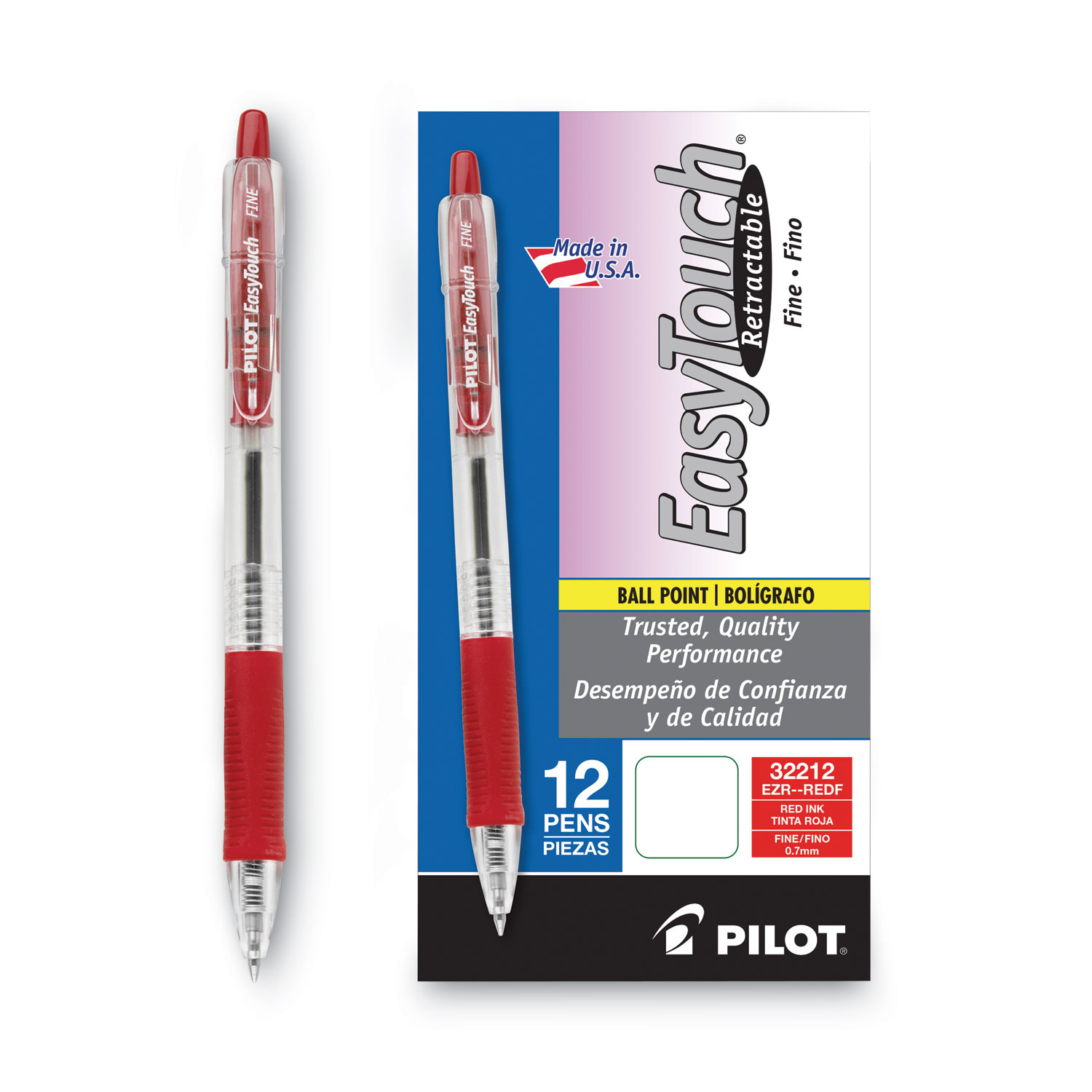 Pilot® EasyTouch Ballpoint Pen, Retractable, Fine 0.7 mm, Red Ink, Clear  Barrel, Dozen