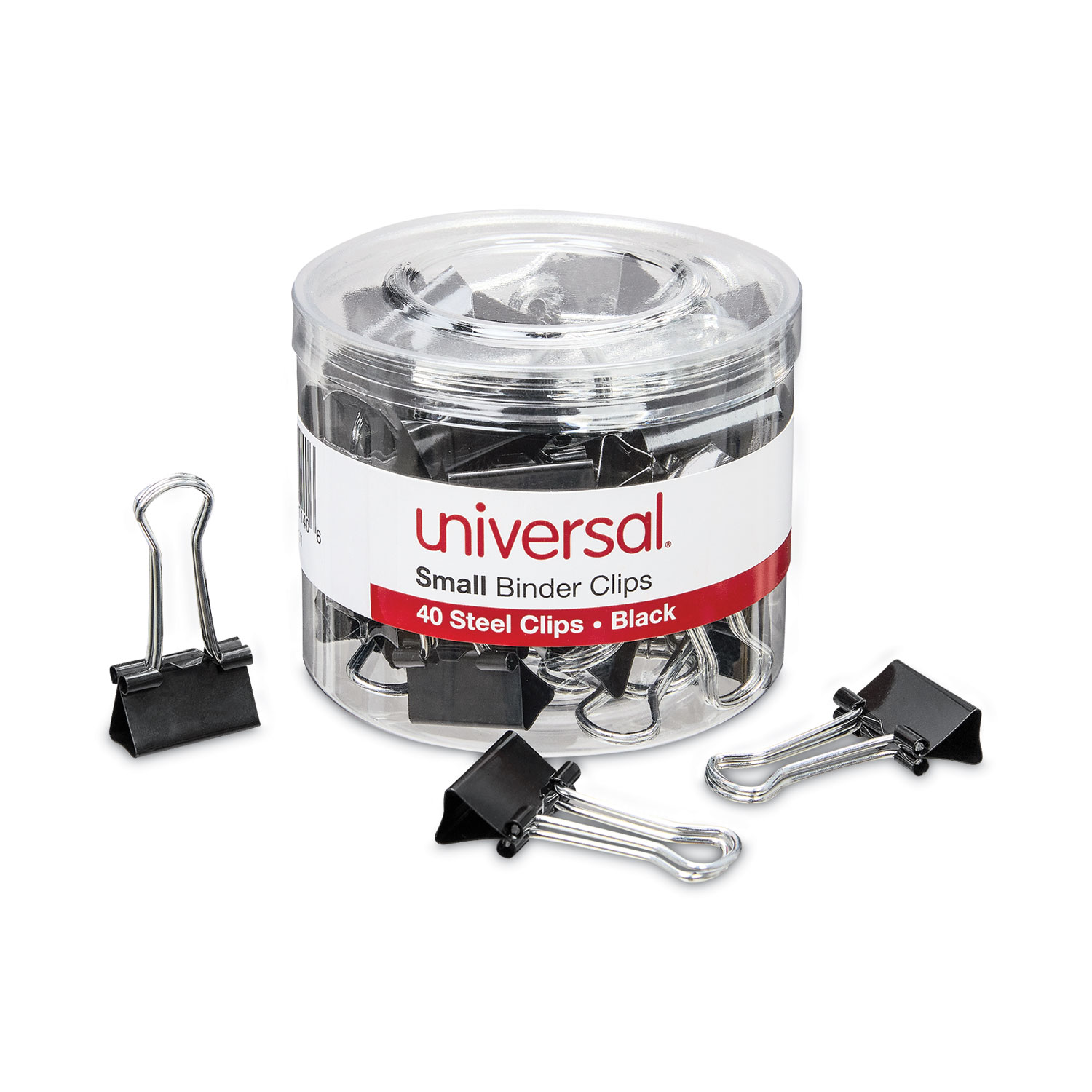 Universal® Binder Clips in Dispenser Tub, Small, Black/Silver, 40/Pack