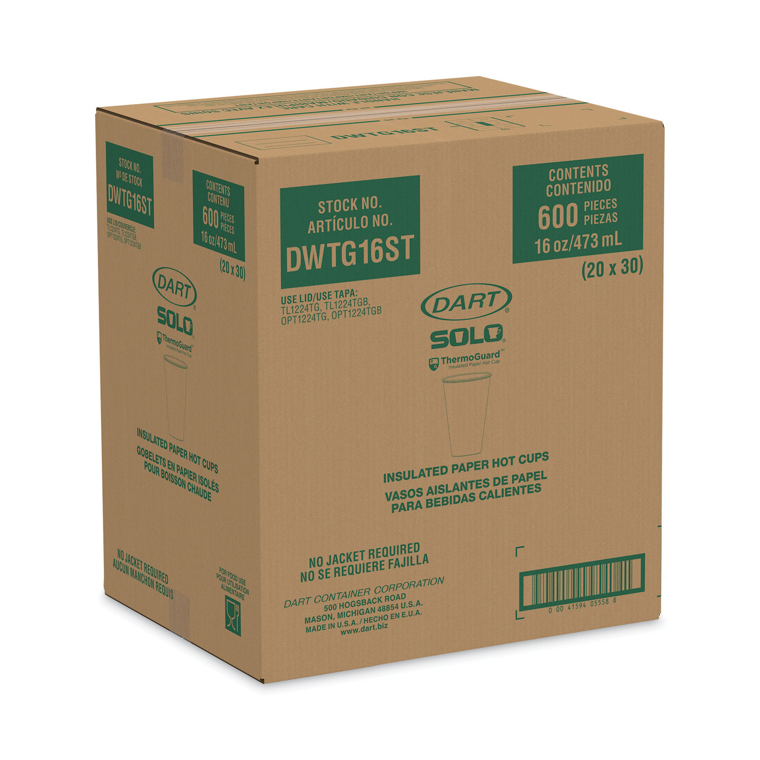 Dart DWTG12W ThermoGuard 12 oz. Double Wall Insulated White Paper Hot Cup -  600/Case