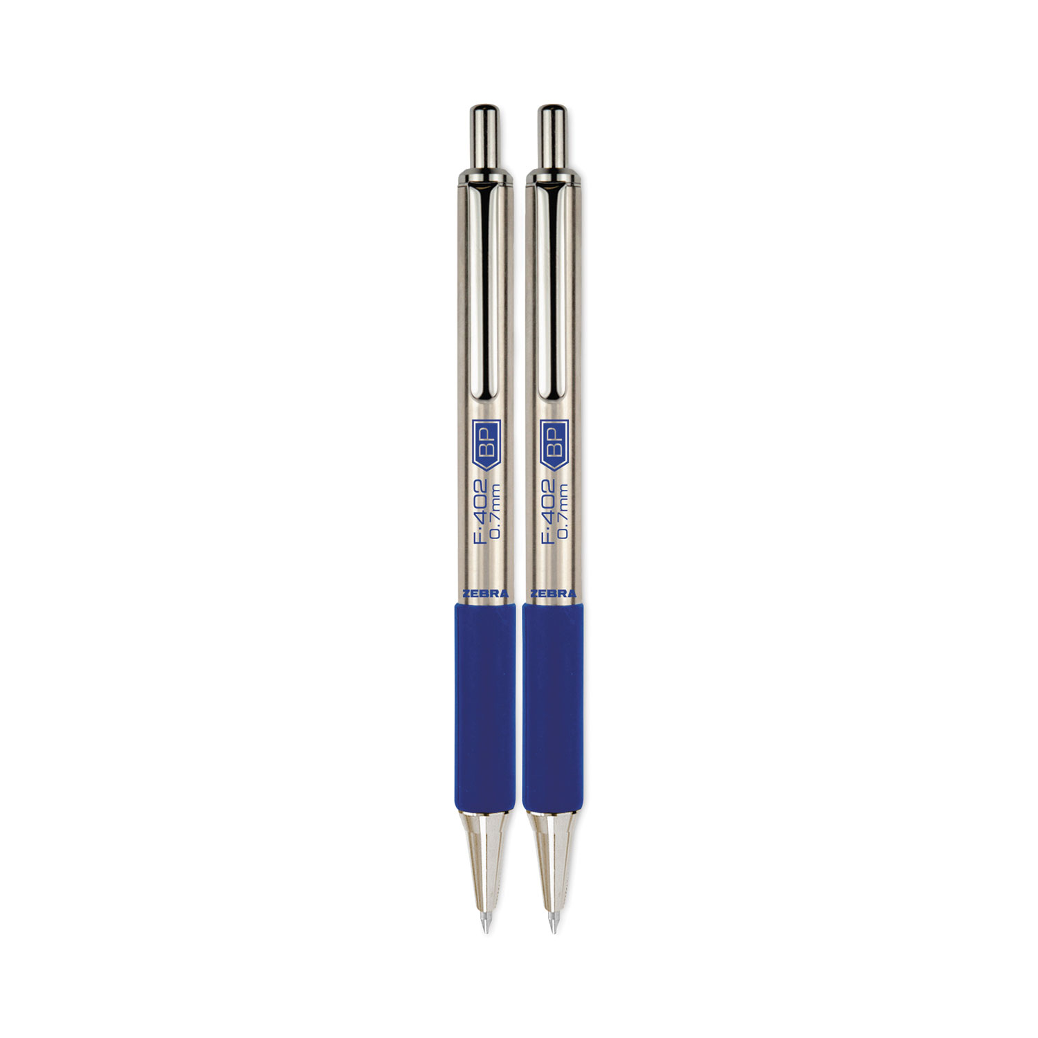 Zebra® F-402 Ballpoint Pen, Retractable, Fine 0.7 mm, Blue Ink, Stainless  Steel/Blue Barrel, 2/Pack