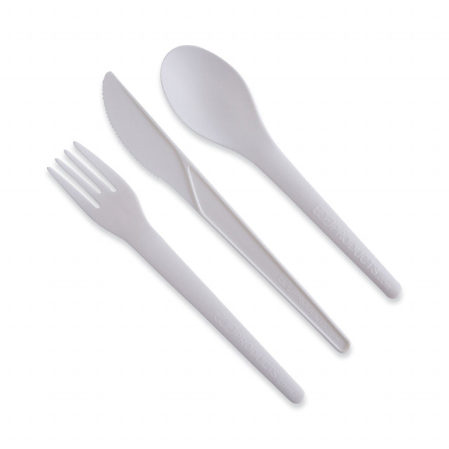 Basic Nature White CPLA Plastic Cutlery Set - White Napkin, Heat-Resistant, Compostable - 8 3/4 inch x 2 3/4 inch x 3/4 inch - 100 Count Box