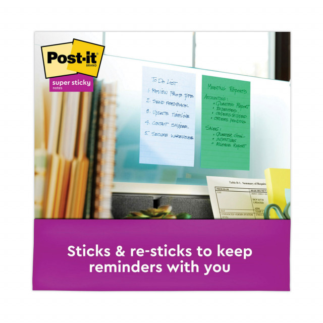 Post-it Notes Super Sticky Recycled Notes in Oasis Colors, Lined, 4 x 6, 90 Sheets/Pad, 3 Pads/Pack