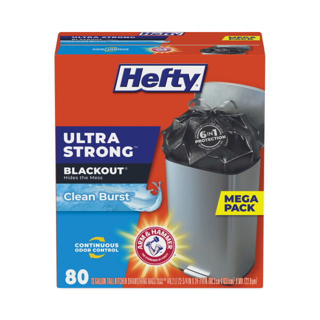 Hefty® Ultra Strong BlackOut Tall-Kitchen Drawstring Bags, 13 gal, 0.9 mil,  23.75 x 24.88, Black, 240/Carton
