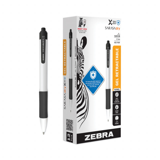Sarasa Dry X20+ Gel Pen, Retractable, Fine 0.7 mm, Black Ink, White/Black Barrel, Dozen Sarasa Dry X20+ Gel Pen, Retractable, Fine 0.7 mm, Black Ink, White/Black Barrel, Dozen