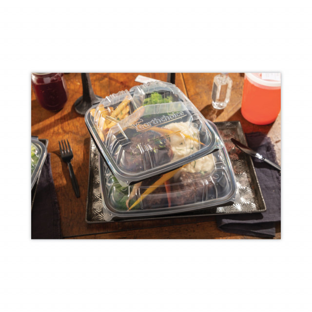 Pactiv DC109330B000 EarthChoice Hinged Lid Takeout Container, 3  Compartment, Vented, Microwavable, 10.5 x 9.5 x 3, Black / Clear - 132 /  Case