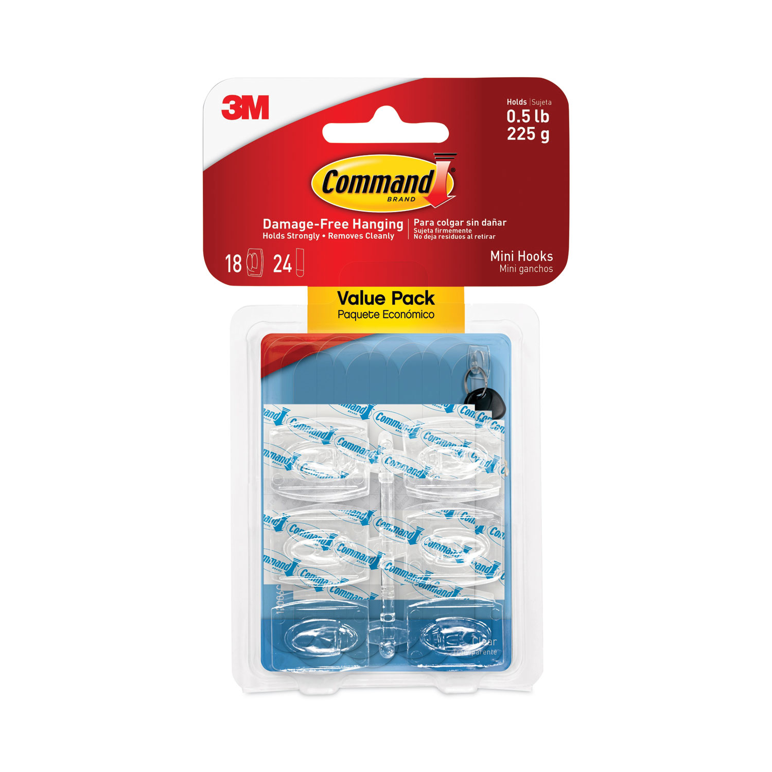 Command™ Clear Hooks and Strips, Plastic, Mini, 18 Hooks and 24