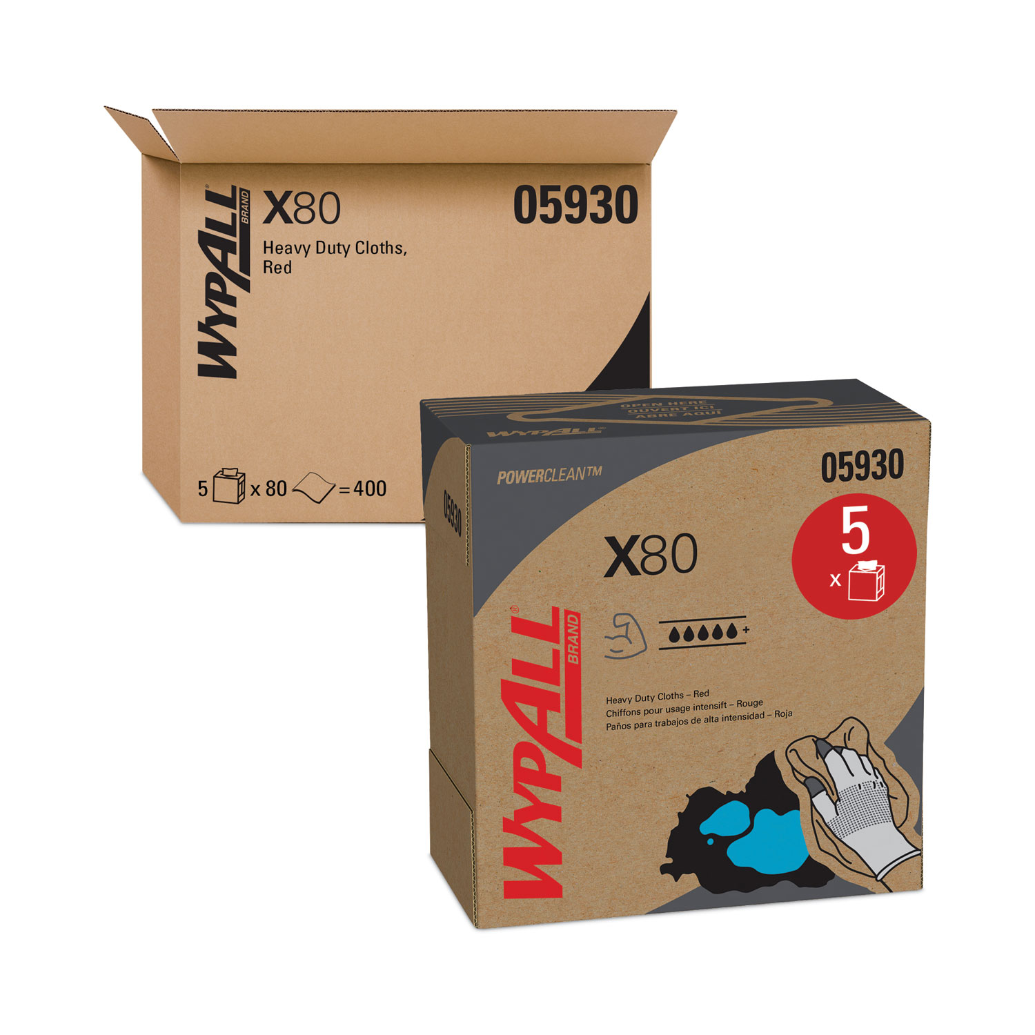 WypAll® X80 Cloths with HYDROKNIT, 9.1 x 16.8, Red, Pop-Up Box, 80/Box, 5  Box/Carton