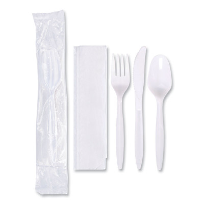 Economy Cutlery Kit, Fork/Knife/Spoon/Napkin, White, 250/Carton Economy Cutlery Kit, Fork/Knife/Spoon/Napkin, White, 250/Carton